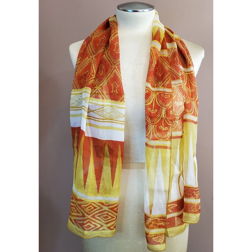 Frick Collection Scarf 100% Silk Chiffon Orange Gold Greek Motif 52X16” France